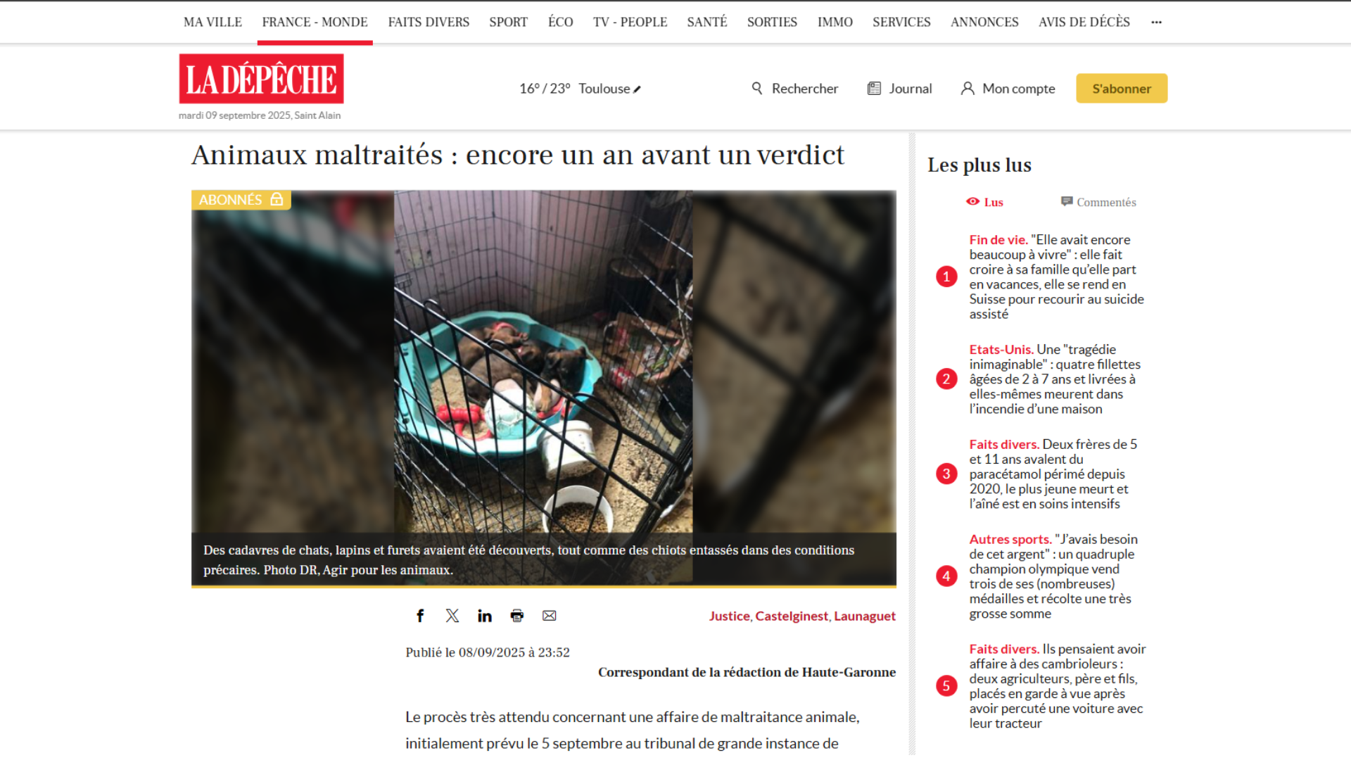 MALTRAITANCE ANIMALE : PROCÈS REPORTÉ EN 2026 - LA DÉPÊCHE 09-09-2025